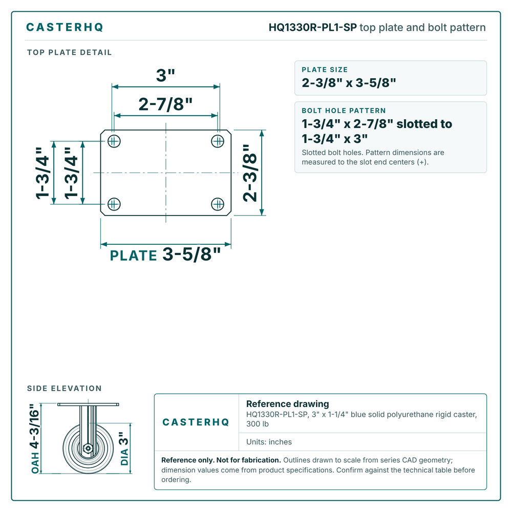 HQ1330R-PL1-SP top plate bolt pattern drawing, 2-3/8 x 3-5/8 in plate, slotted bolt holes