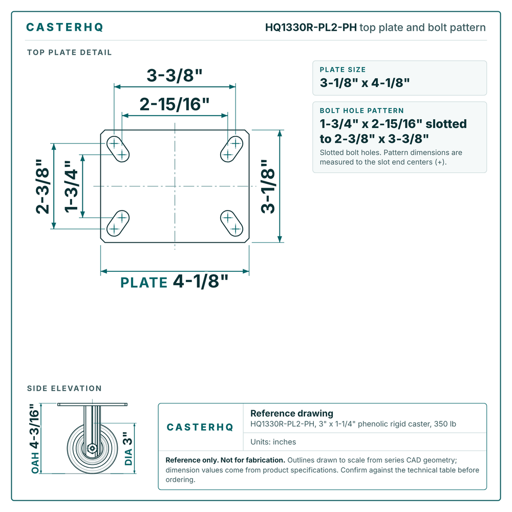 HQ1330R-PL2-PH top plate bolt pattern drawing, 3-1/8 x 4-1/8 in plate, slotted bolt holes
