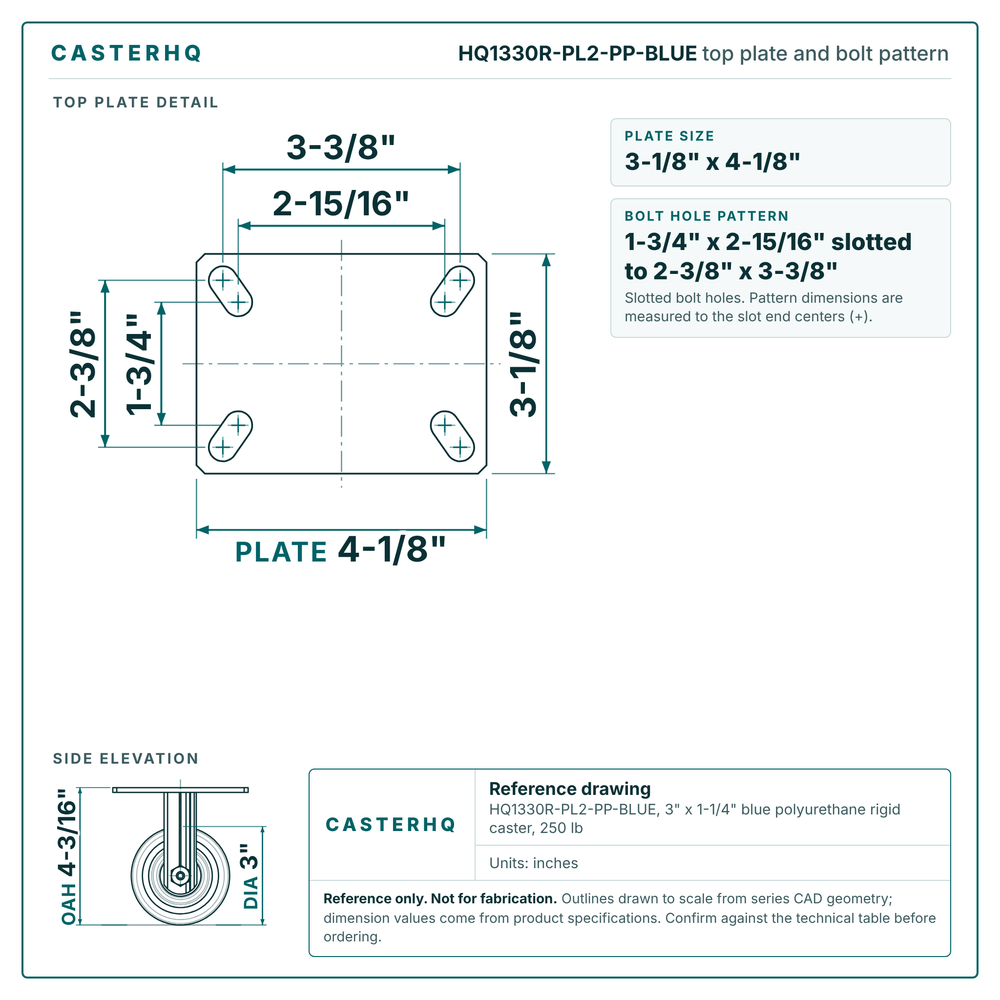 HQ1330R-PL2-PP-BLUE top plate bolt pattern drawing, 3-1/8 x 4-1/8 in plate, slotted bolt holes