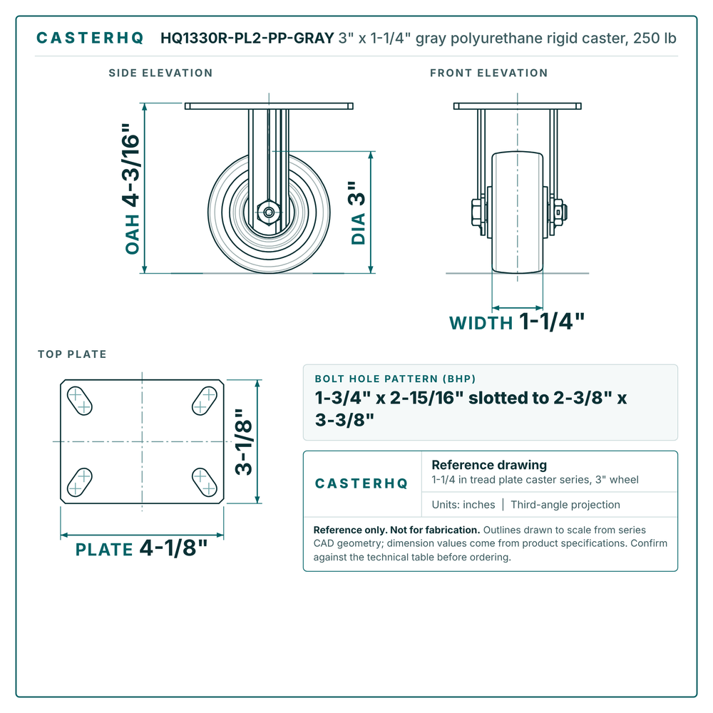 HQ1330R-PL2-PP-GRAY 3 x 1-1/4 in gray polyurethane rigid caster reference drawing, side, front and top plate views with dimensions