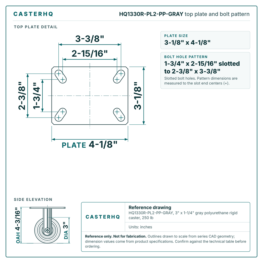 HQ1330R-PL2-PP-GRAY top plate bolt pattern drawing, 3-1/8 x 4-1/8 in plate, slotted bolt holes