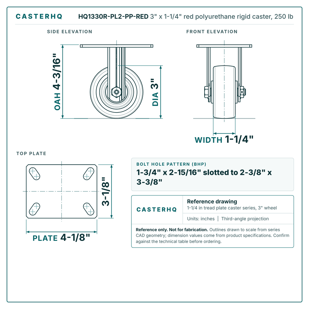 HQ1330R-PL2-PP-RED 3 x 1-1/4 in red polyurethane rigid caster reference drawing, side, front and top plate views with dimensions