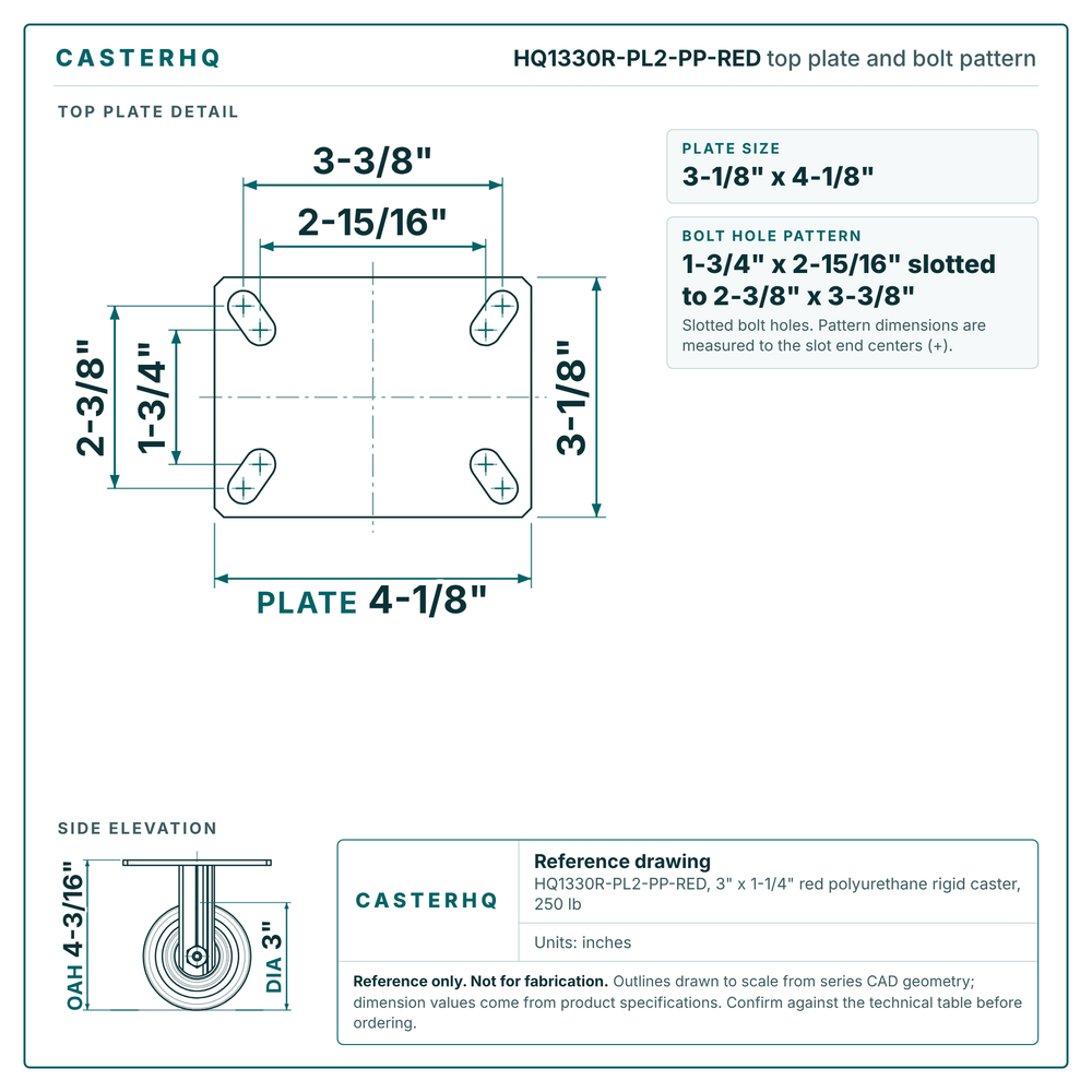 HQ1330R-PL2-PP-RED top plate bolt pattern drawing, 3-1/8 x 4-1/8 in plate, slotted bolt holes