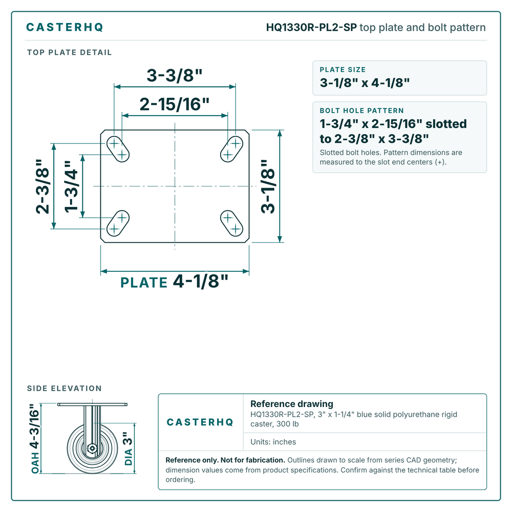 HQ1330R-PL2-SP top plate bolt pattern drawing, 3-1/8 x 4-1/8 in plate, slotted bolt holes