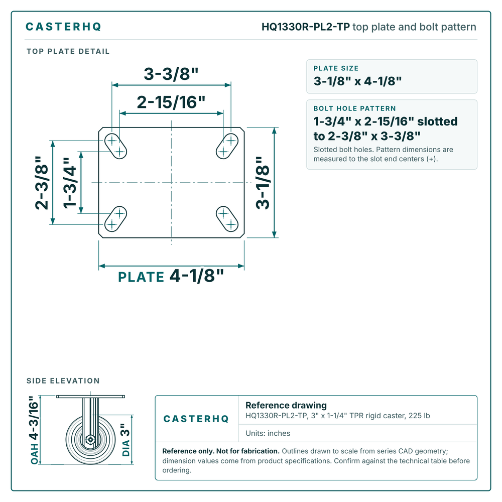 HQ1330R-PL2-TP top plate bolt pattern drawing, 3-1/8 x 4-1/8 in plate, slotted bolt holes