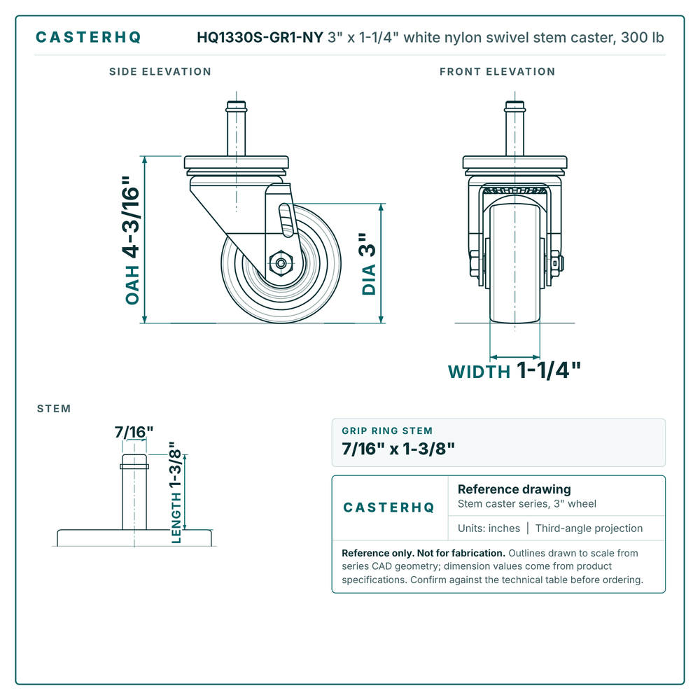 HQ1330S-GR1-NY 3" x 1-1/4" white nylon swivel stem caster, 300 lb reference drawing, side, front and stem views with dimensions