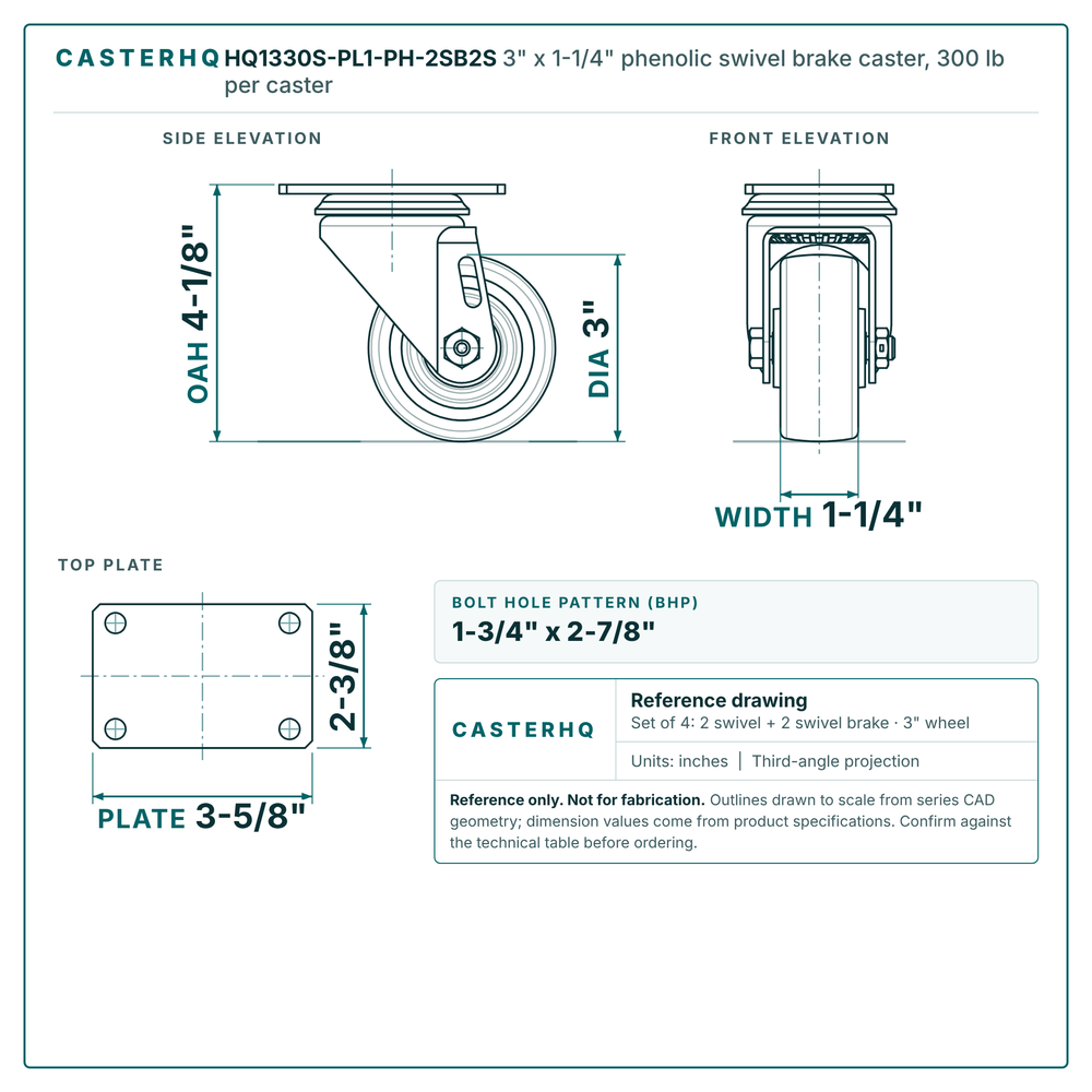 3" x 1-1/4" phenolic swivel brake caster reference drawing, side, front and top plate views with dimensions