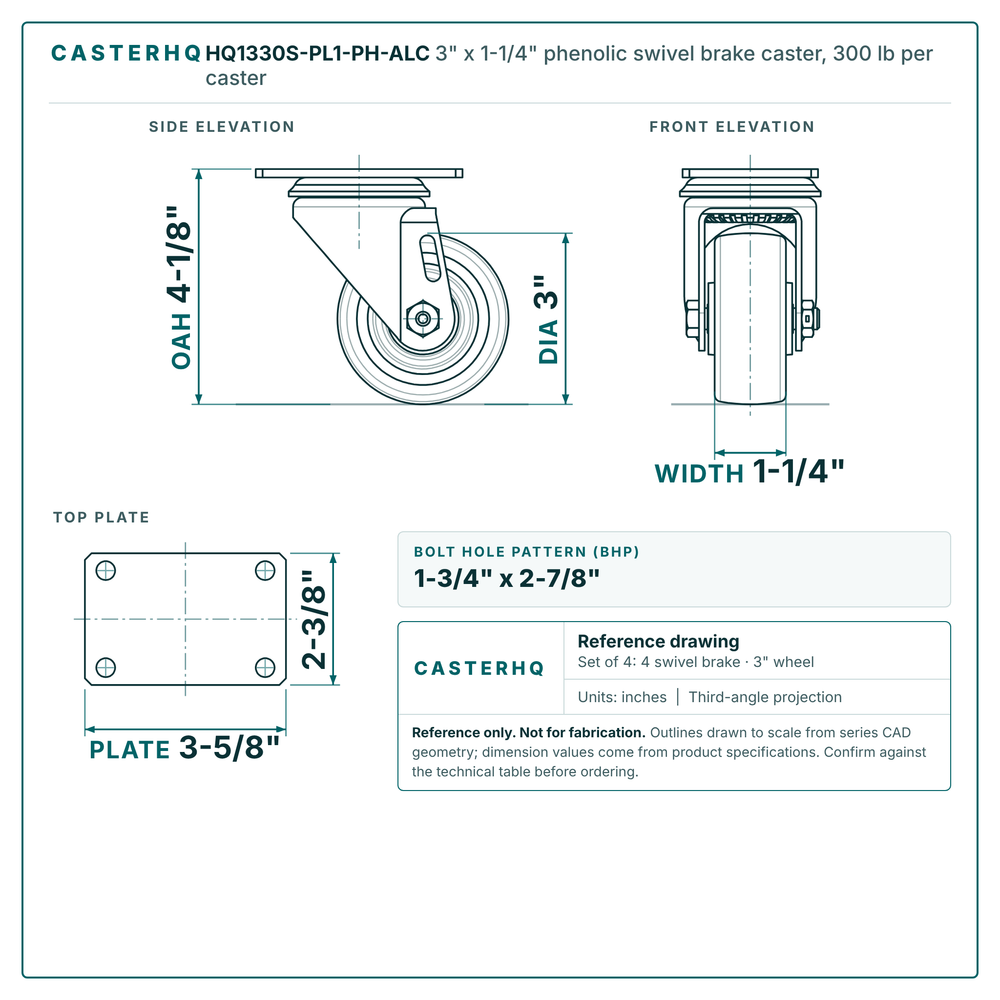 3" x 1-1/4" phenolic swivel brake caster reference drawing, side, front and top plate views with dimensions