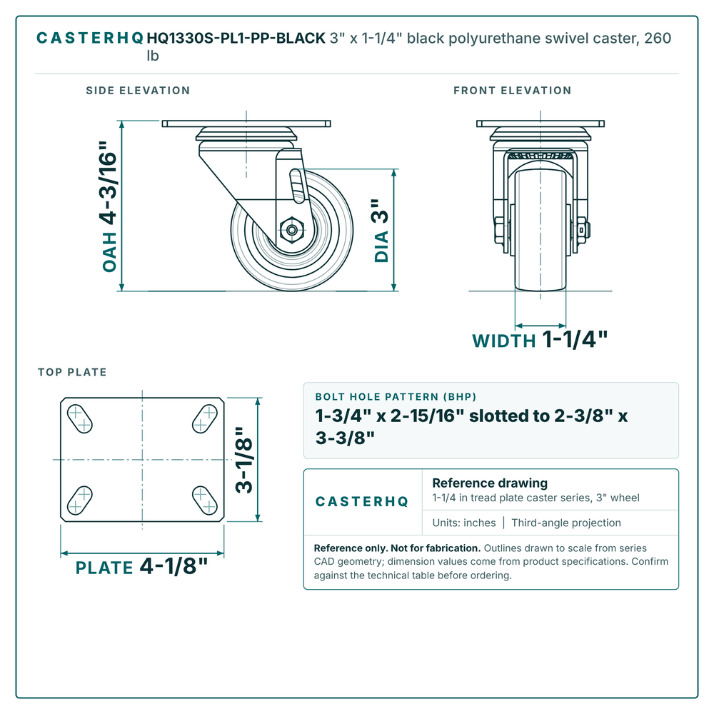 3 x 1-1/4 in black polyurethane swivel caster reference drawing, 3-1/8 x 4-1/8 in top plate, side, front and top plate views with dimensions