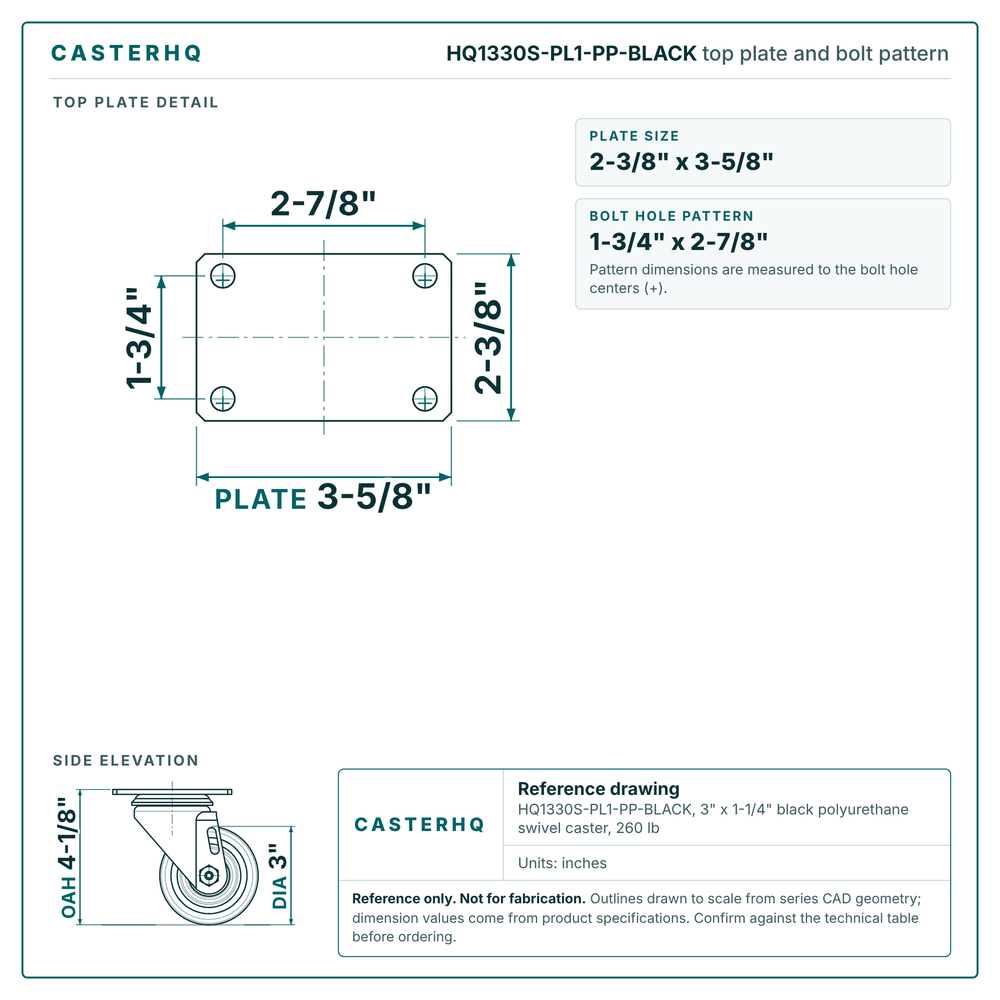 HQ1330S-PL1-PP-BLACK top plate bolt pattern drawing, 2-3/8 x 3-5/8 in plate, round bolt holes