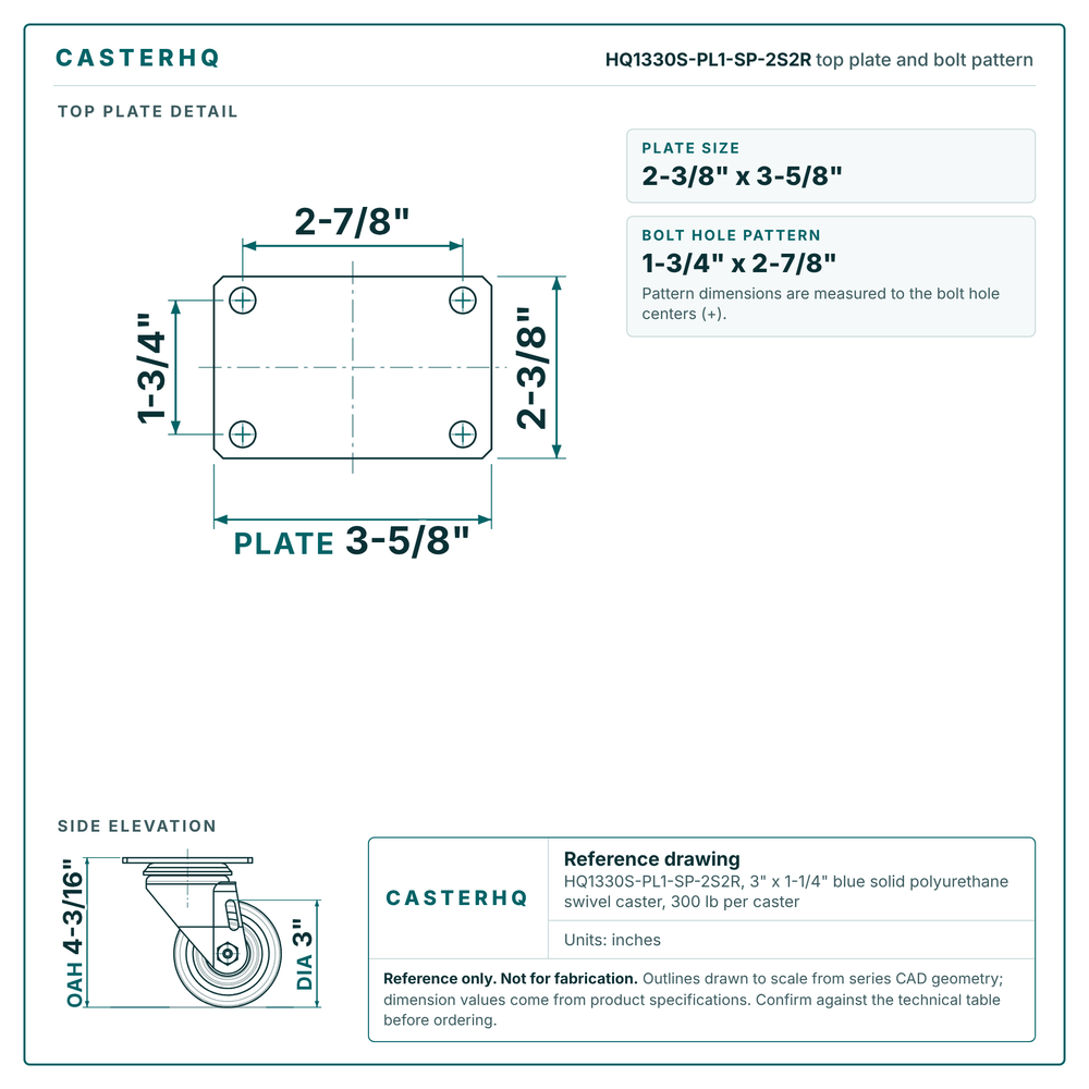 HQ1330S-PL1-SP-2S2R top plate bolt pattern drawing, 2-3/8 x 3-5/8 in plate
