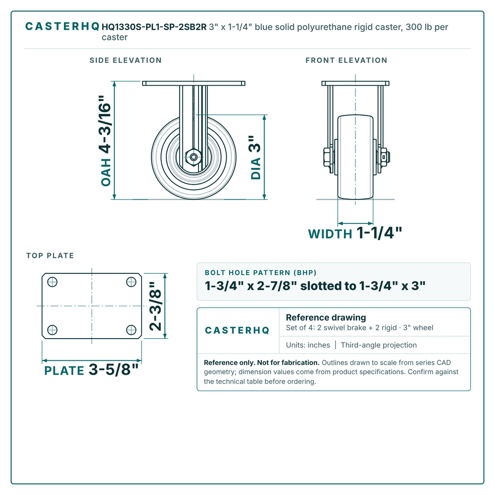 3" x 1-1/4" blue solid polyurethane rigid caster reference drawing, side, front and top plate views with dimensions