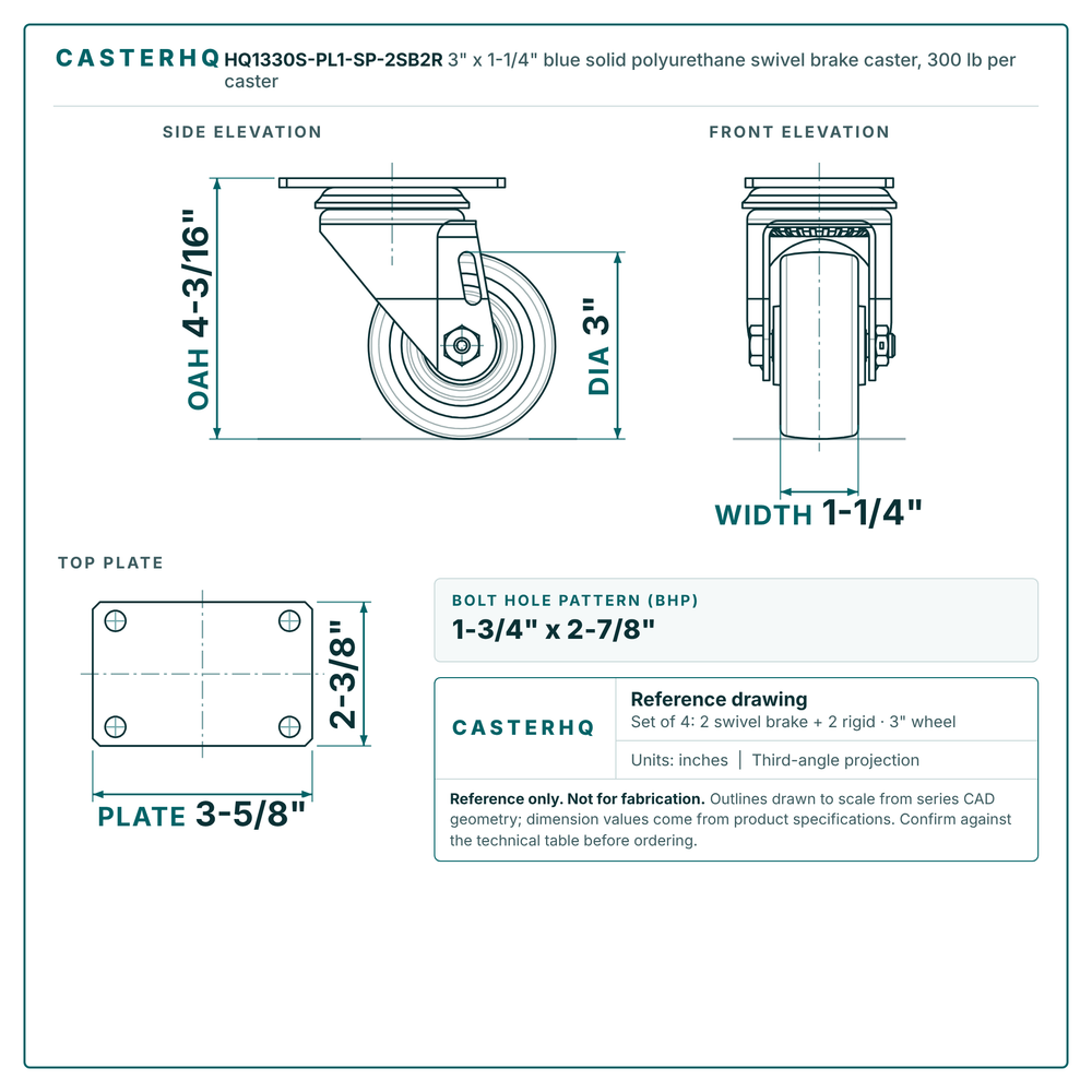 3" x 1-1/4" blue solid polyurethane swivel brake caster reference drawing, side, front and top plate views with dimensions