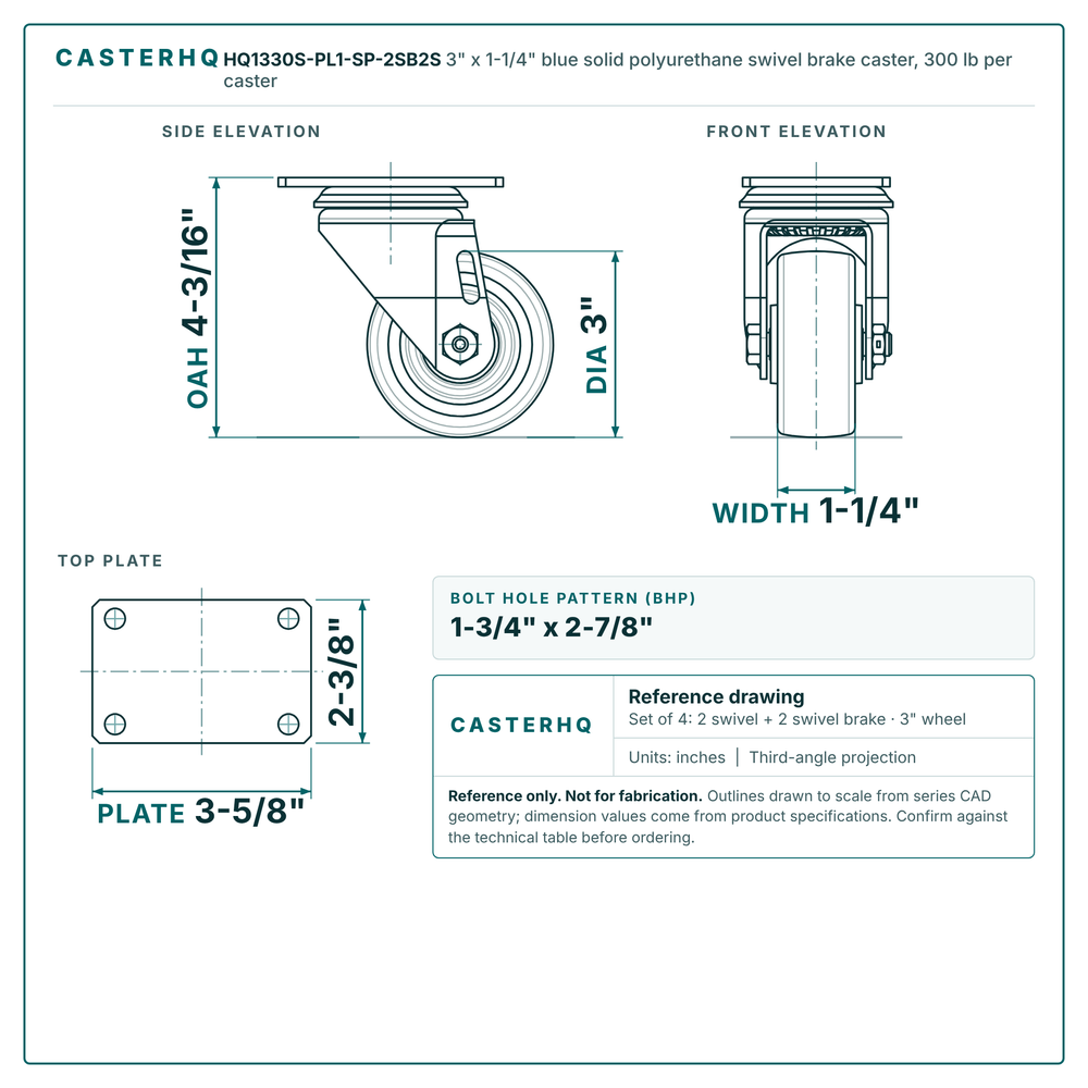 3" x 1-1/4" blue solid polyurethane swivel brake caster reference drawing, side, front and top plate views with dimensions