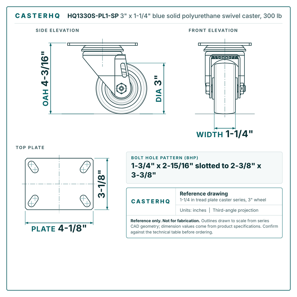 3 x 1-1/4 in blue solid polyurethane caster reference drawing, 3-1/8 x 4-1/8 in top plate, side, front and top plate views with dimensions