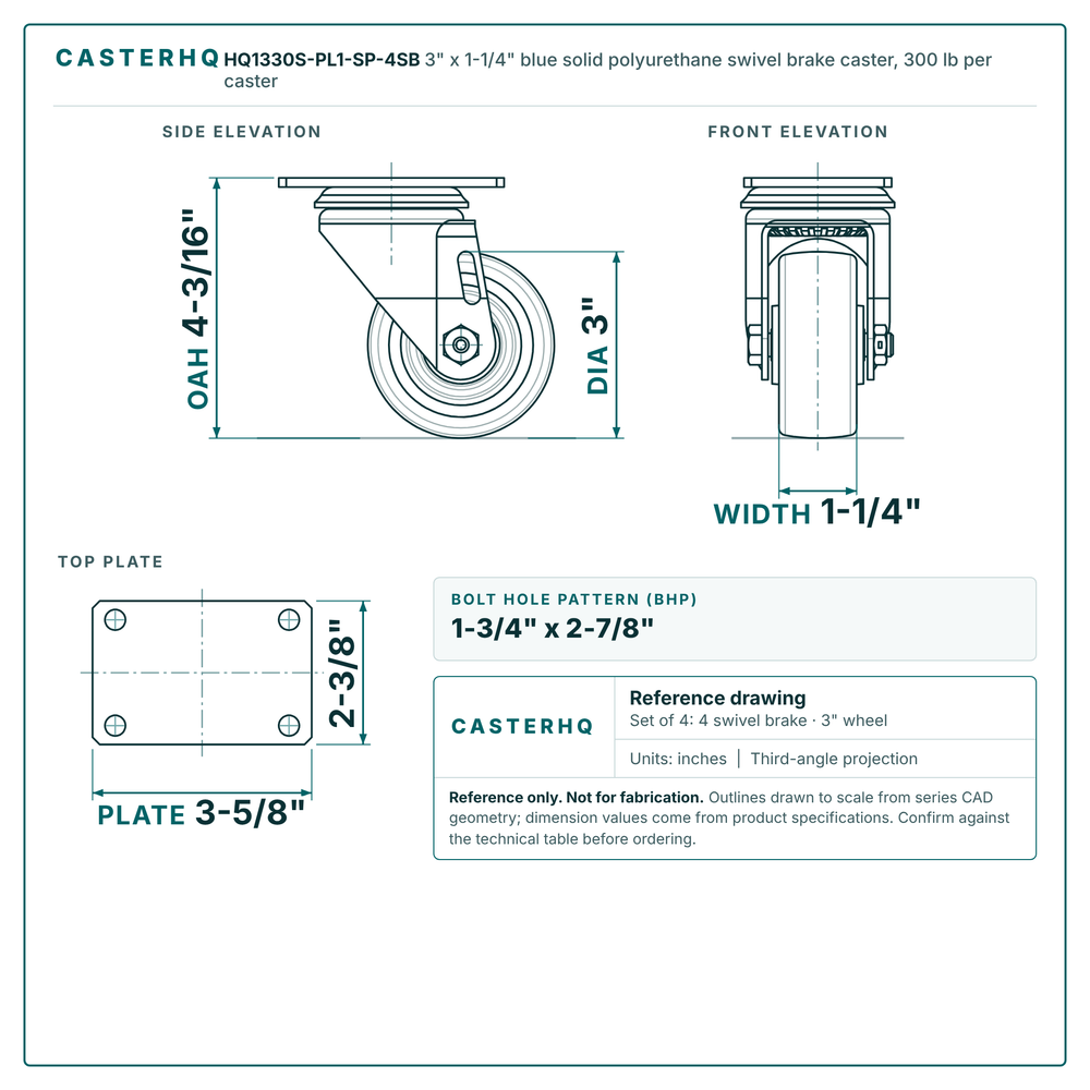 3" x 1-1/4" blue solid polyurethane swivel brake caster reference drawing, side, front and top plate views with dimensions