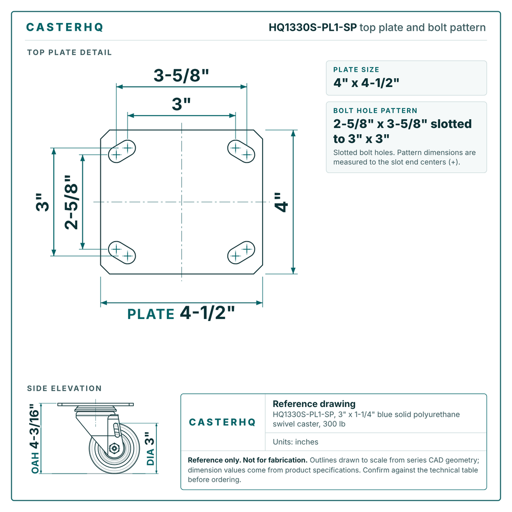 Top plate bolt pattern drawing, 4 x 4-1/2 in plate, 2-5/8 x 3-5/8 in slotted to 3 x 3 in, slotted bolt holes