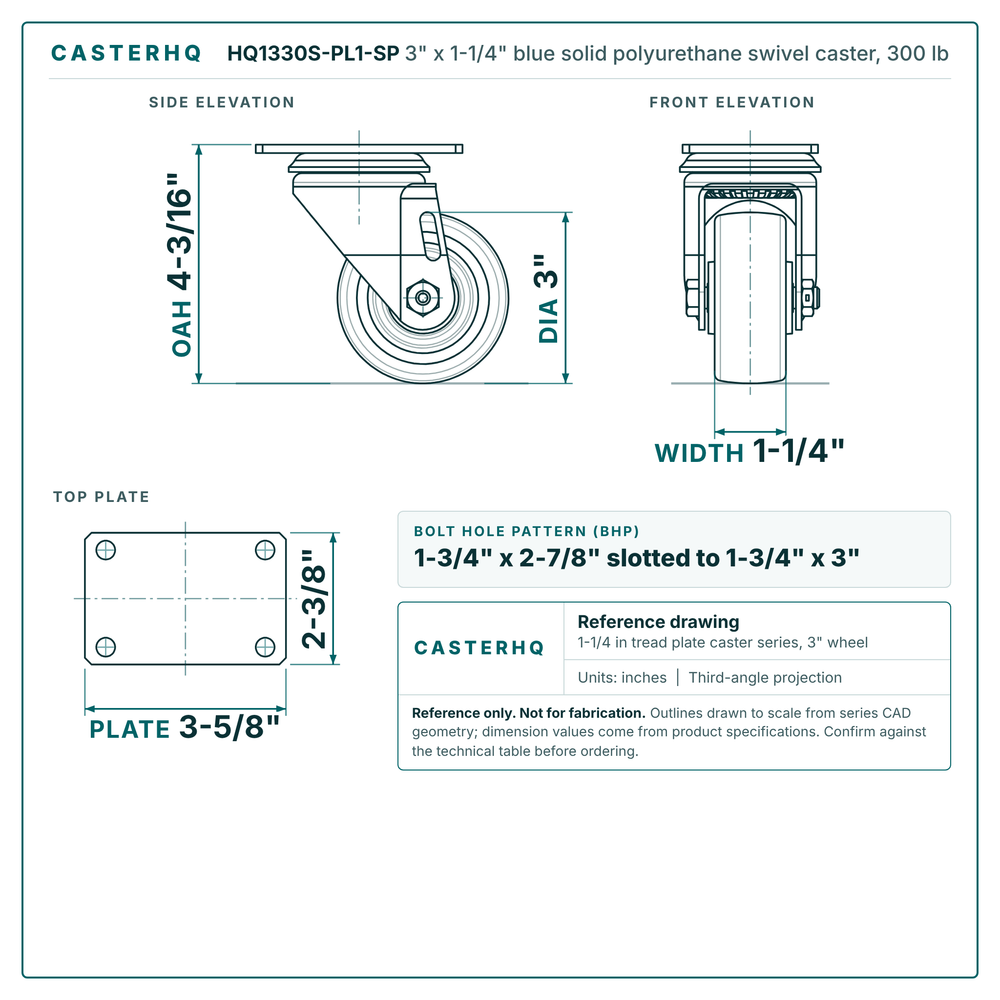 HQ1330S-PL1-SP 3 x 1-1/4 in blue solid polyurethane swivel caster reference drawing, side, front and top plate views with dimensions