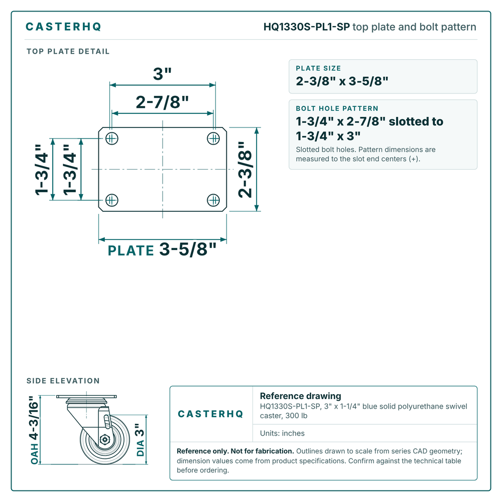 HQ1330S-PL1-SP top plate bolt pattern drawing, 2-3/8 x 3-5/8 in plate, slotted bolt holes