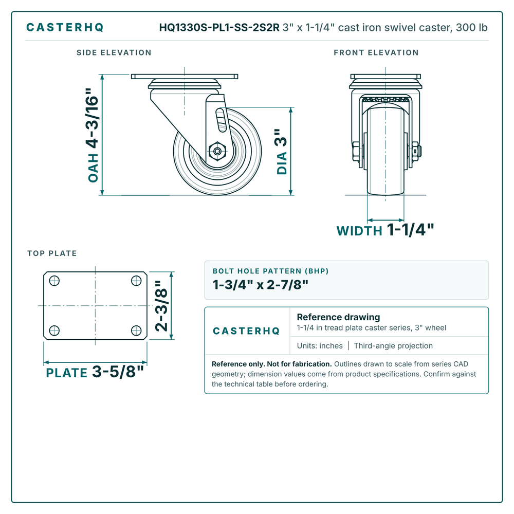 3" x 1-1/4" cast iron swivel caster reference drawing, side, front and top plate views with dimensions