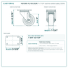 3" x 1-1/4" cast iron swivel caster reference drawing, side, front and top plate views with dimensions