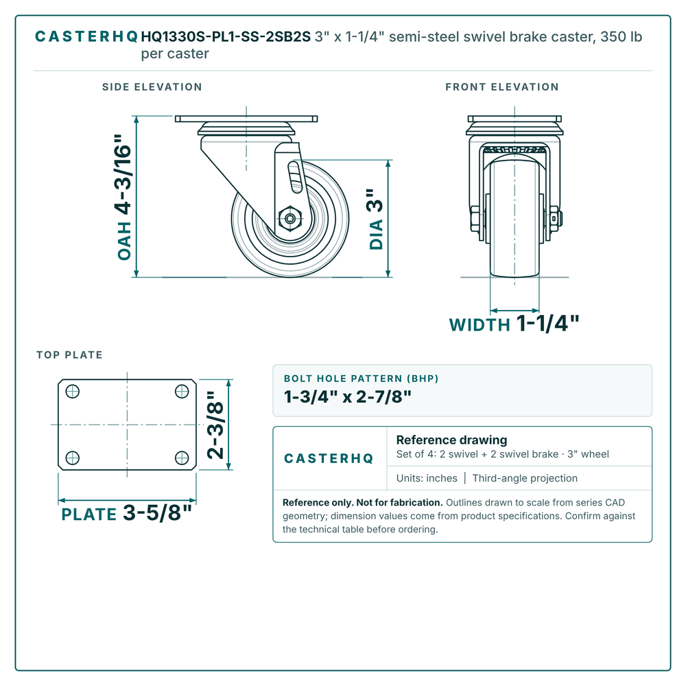 3" x 1-1/4" semi-steel swivel brake caster reference drawing, side, front and top plate views with dimensions