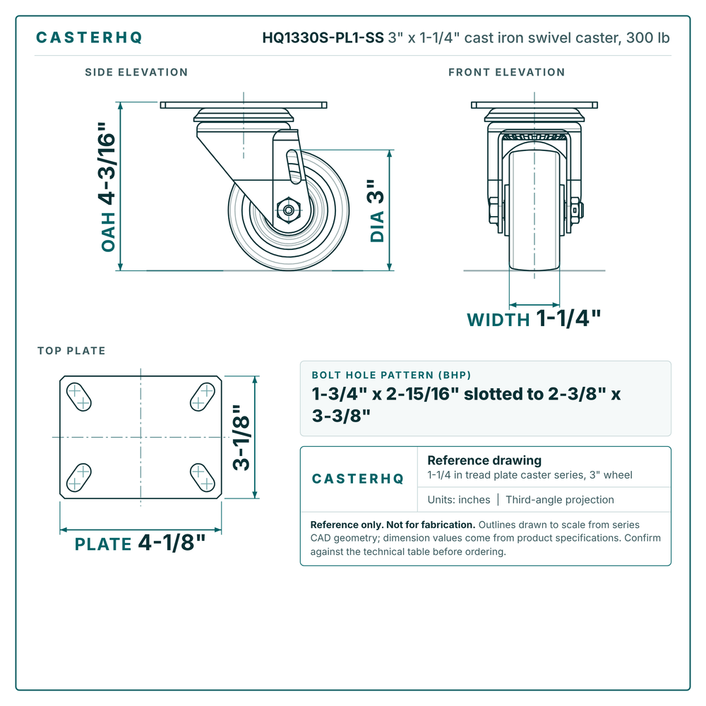 3 x 1-1/4 in cast iron caster reference drawing, 3-1/8 x 4-1/8 in top plate, side, front and top plate views with dimensions