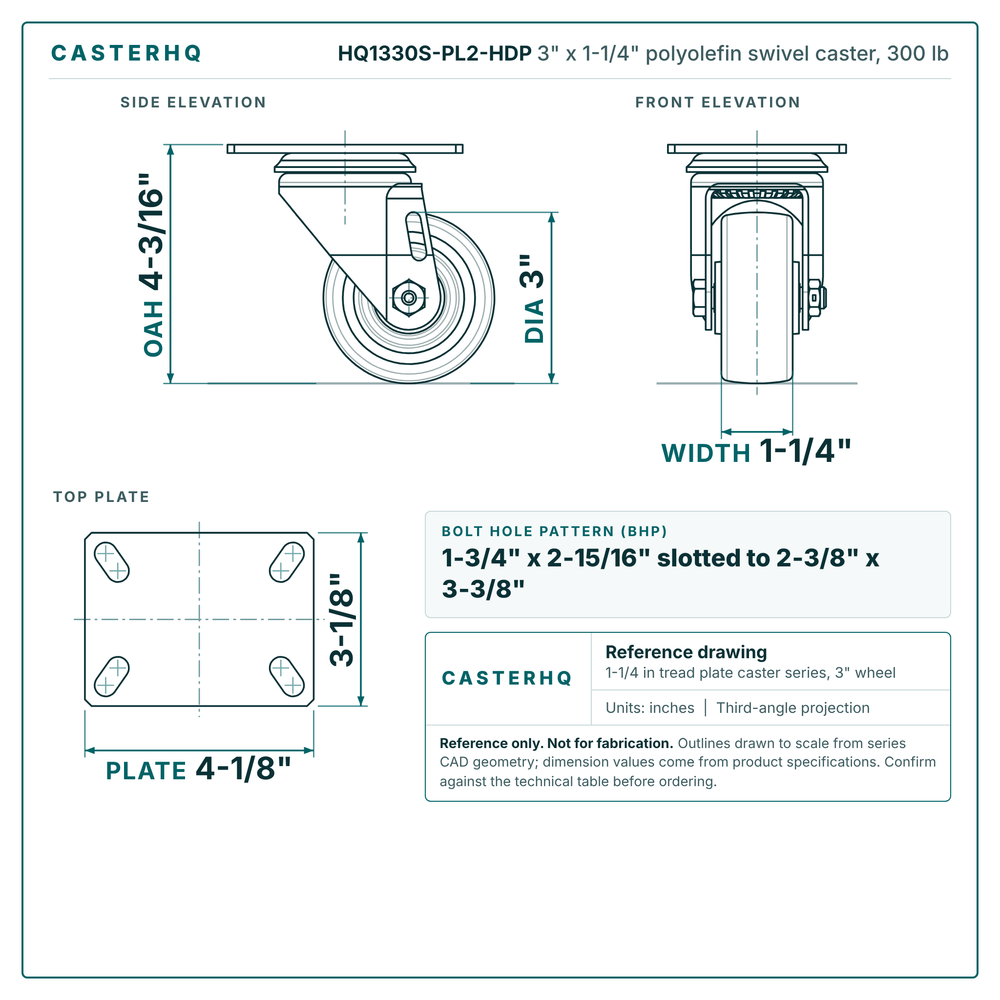 3" x 1-1/4" polyolefin swivel caster reference drawing, side, front and top plate views with dimensions