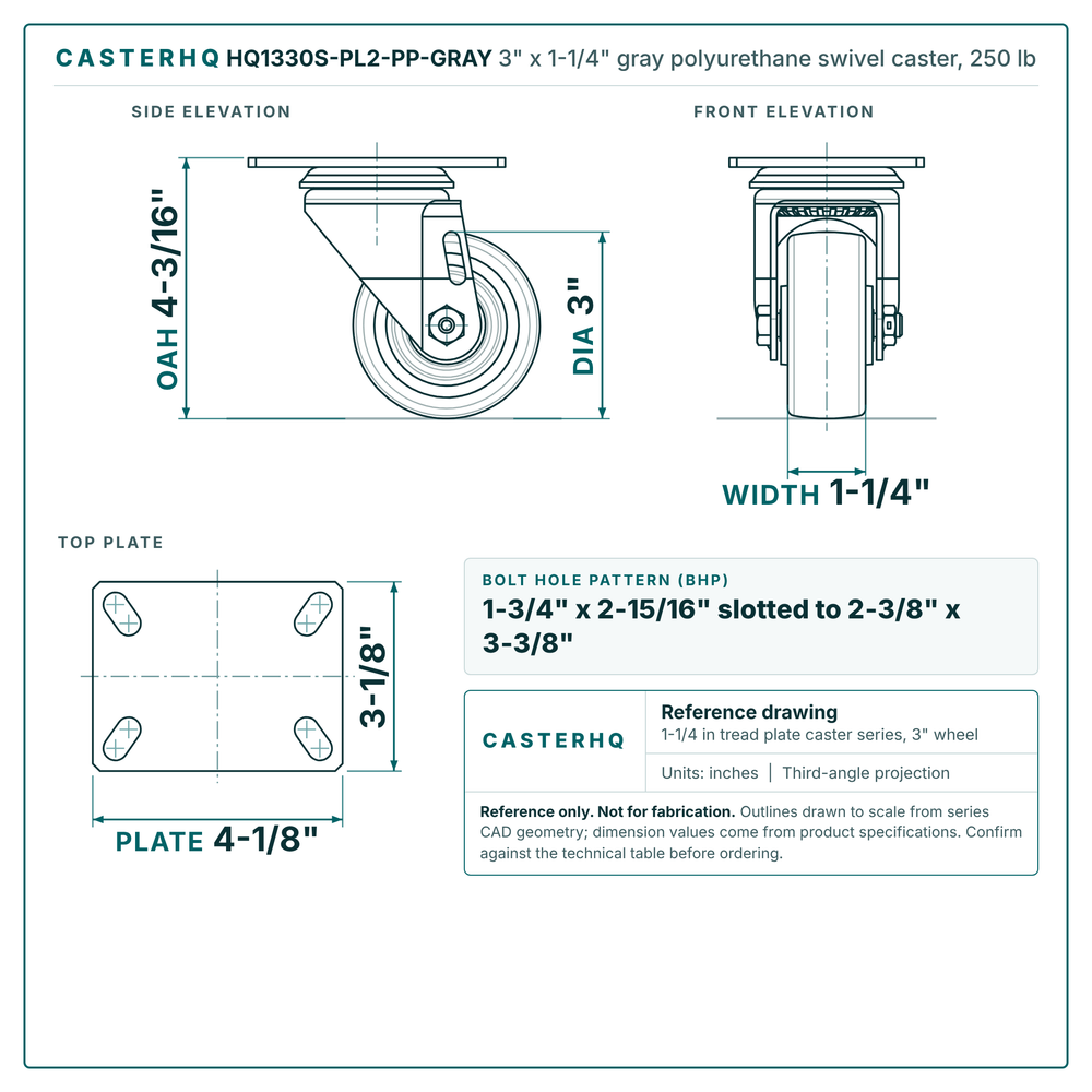 HQ1330S-PL2-PP-GRAY 3 x 1-1/4 in gray polyurethane swivel caster reference drawing, side, front and top plate views with dimensions