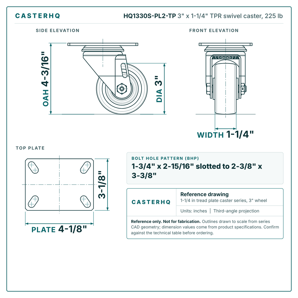 HQ1330S-PL2-TP 3 x 1-1/4 in TPR swivel caster reference drawing, side, front and top plate views with dimensions