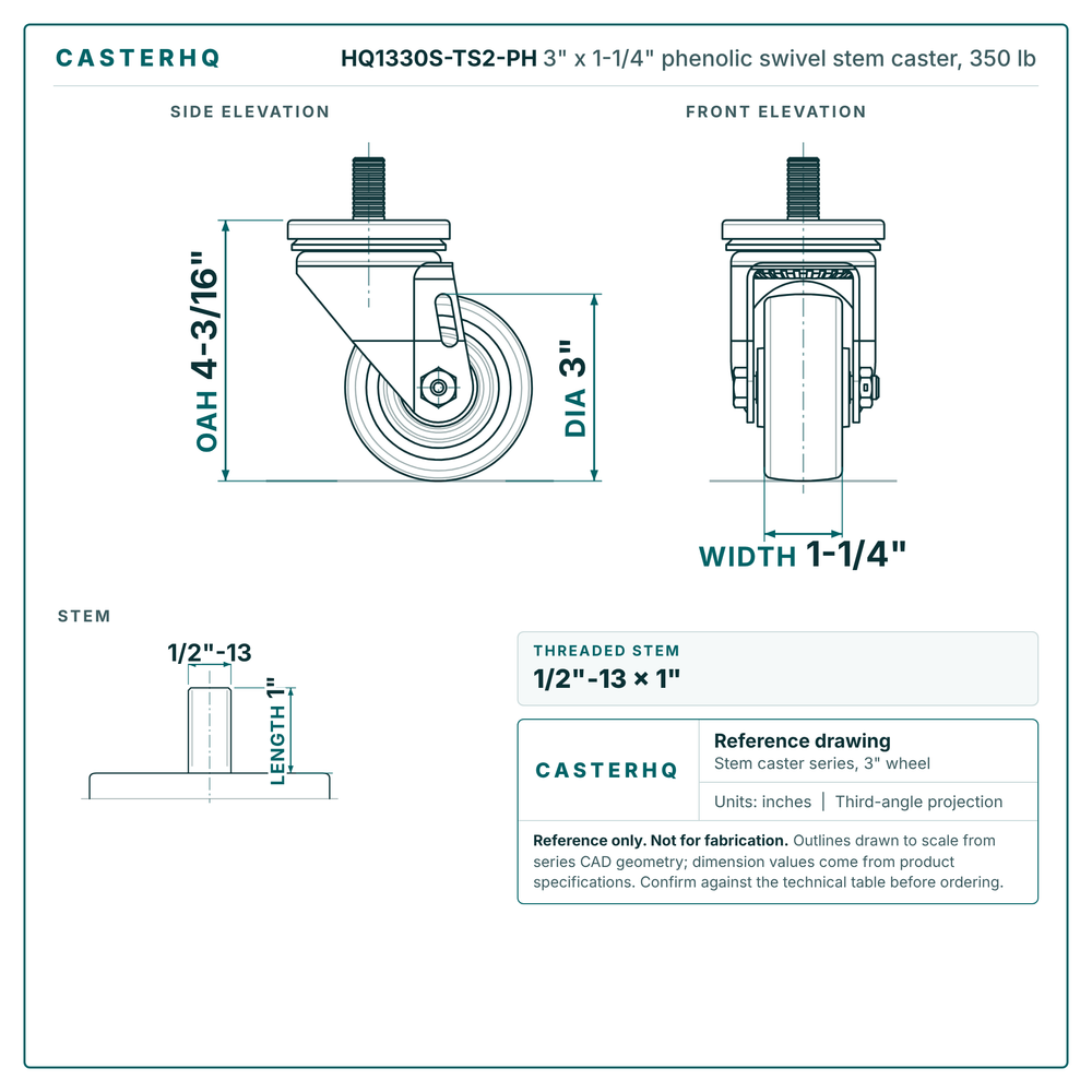 HQ1330S-TS2-PH 3" x 1-1/4" phenolic swivel stem caster, 350 lb reference drawing, 1/2"-13 x 1" threaded stem, side, front and stem views with dimensions