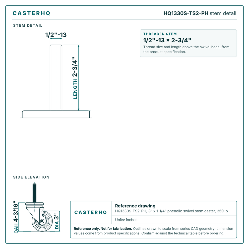 HQ1330S-TS2-PH stem detail drawing, threaded stem 1/2"-13 x 2-3/4"