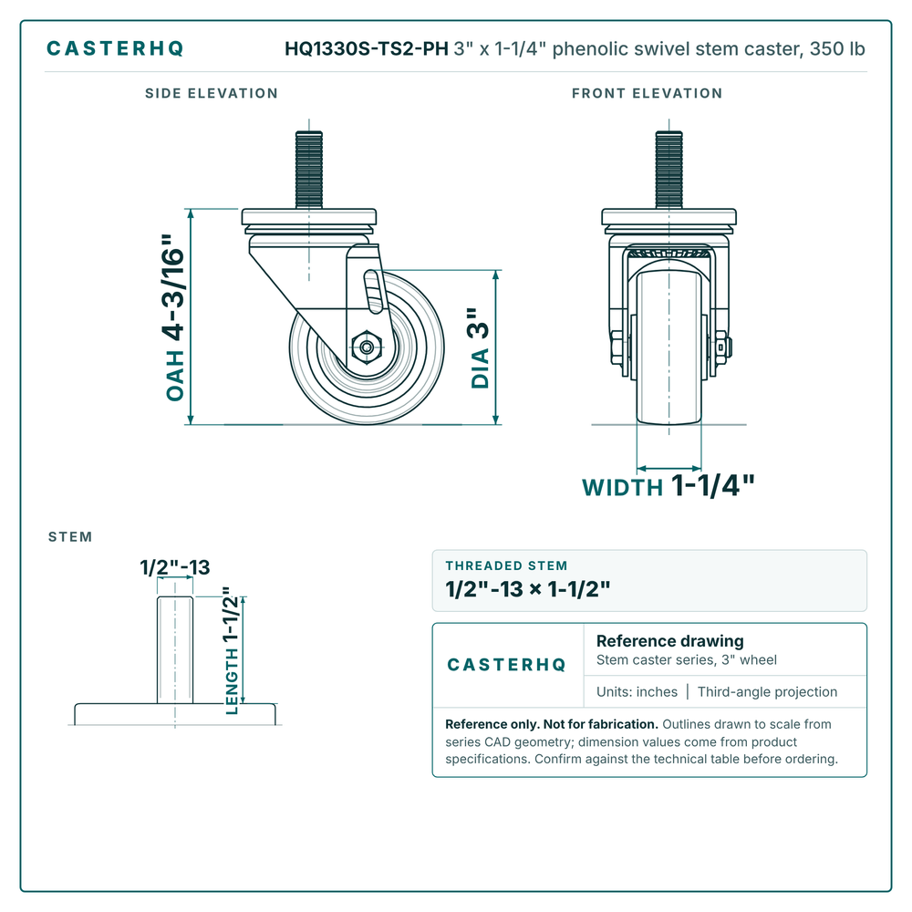 HQ1330S-TS2-PH 3" x 1-1/4" phenolic swivel stem caster, 350 lb reference drawing, side, front and stem views with dimensions