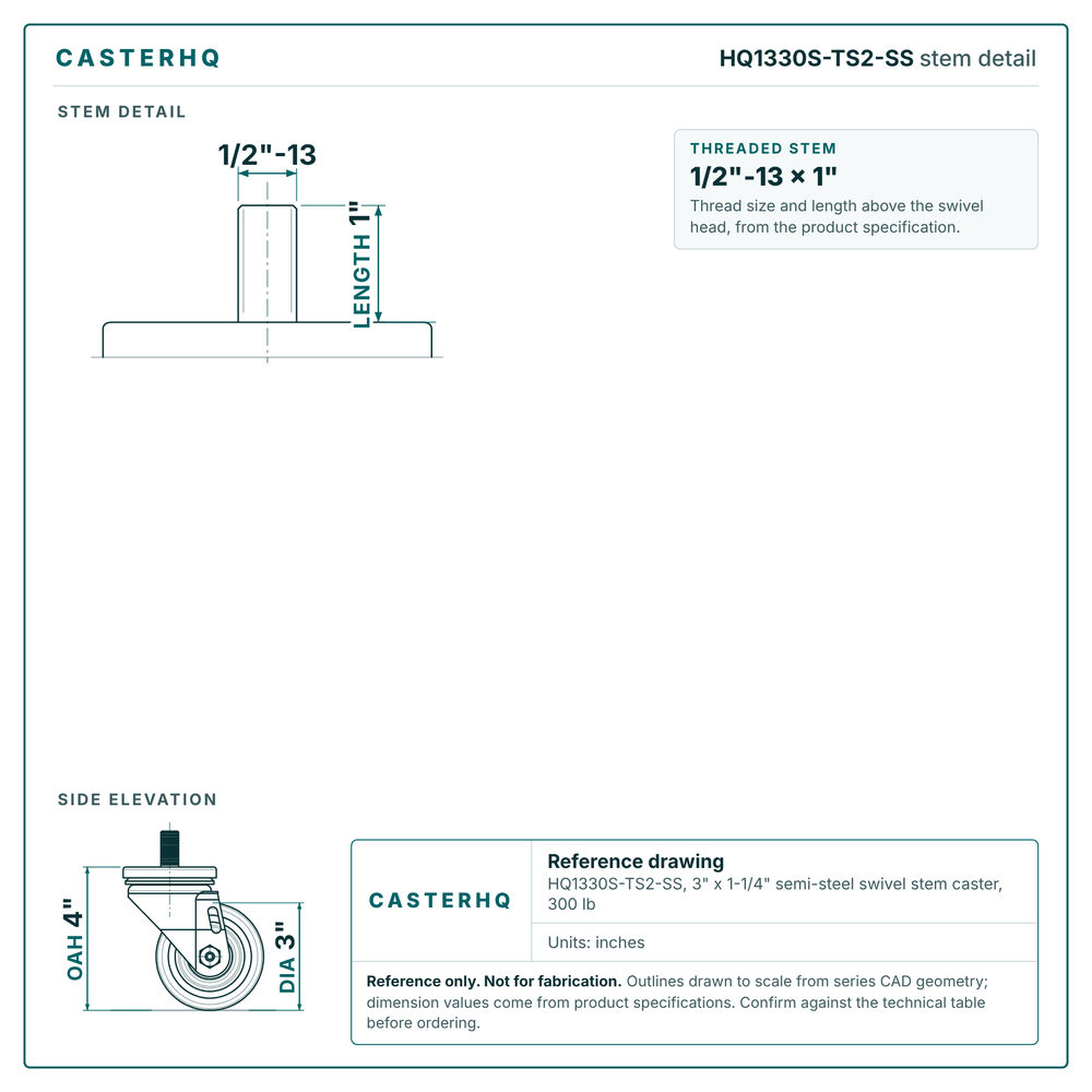 HQ1330S-TS2-SS stem detail drawing, threaded stem 1/2"-13 x 1"