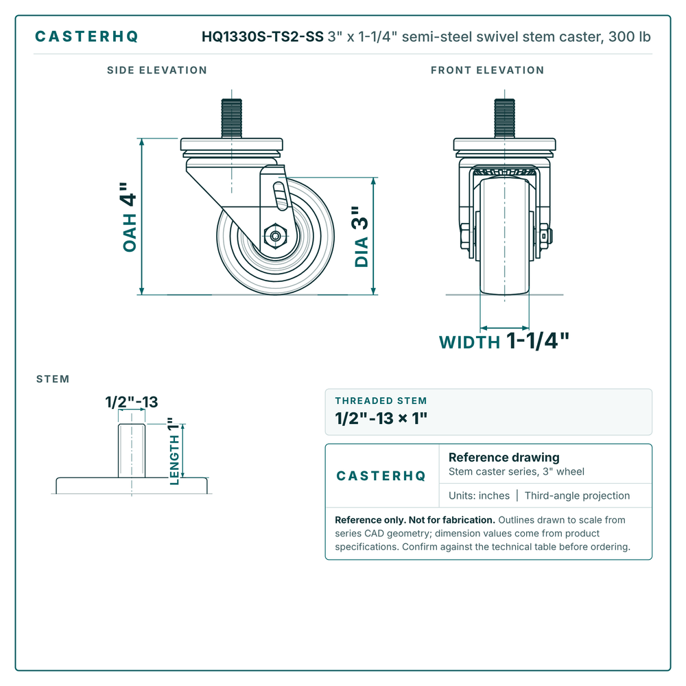HQ1330S-TS2-SS 3" x 1-1/4" semi-steel swivel stem caster, 300 lb reference drawing, 1/2"-13 x 1" threaded stem, side, front and stem views with dimensions