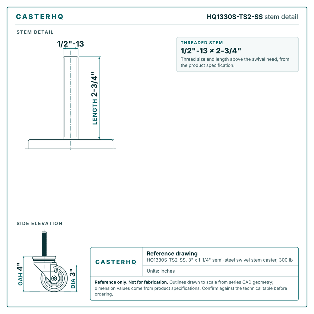 HQ1330S-TS2-SS stem detail drawing, threaded stem 1/2"-13 x 2-3/4"