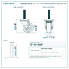 HQ1330S-TS2-SS 3" x 1-1/4" semi-steel swivel stem caster, 300 lb reference drawing, 1/2"-13 x 2-3/4" threaded stem, side, front and stem views with dimensions