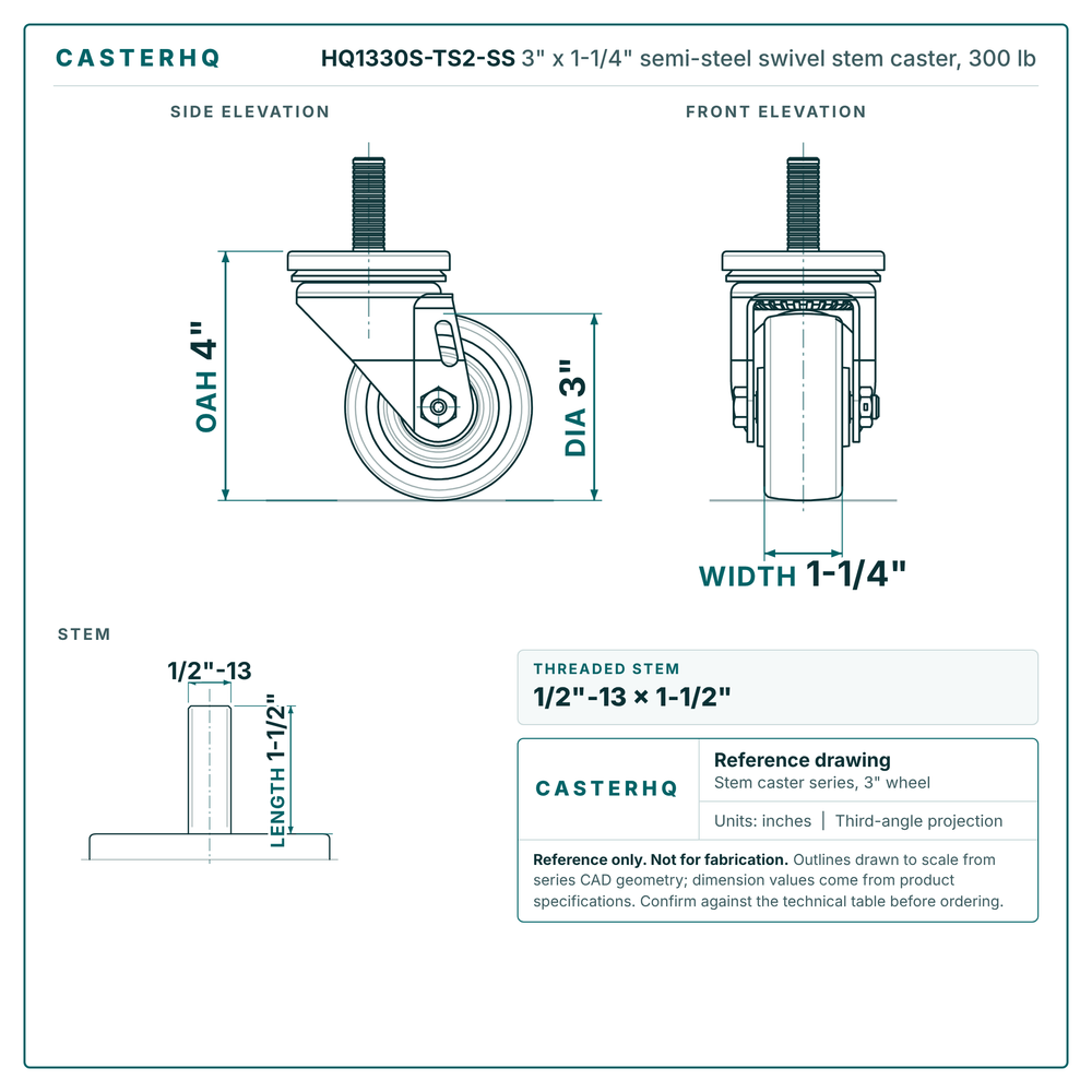HQ1330S-TS2-SS 3" x 1-1/4" semi-steel swivel stem caster, 300 lb reference drawing, side, front and stem views with dimensions