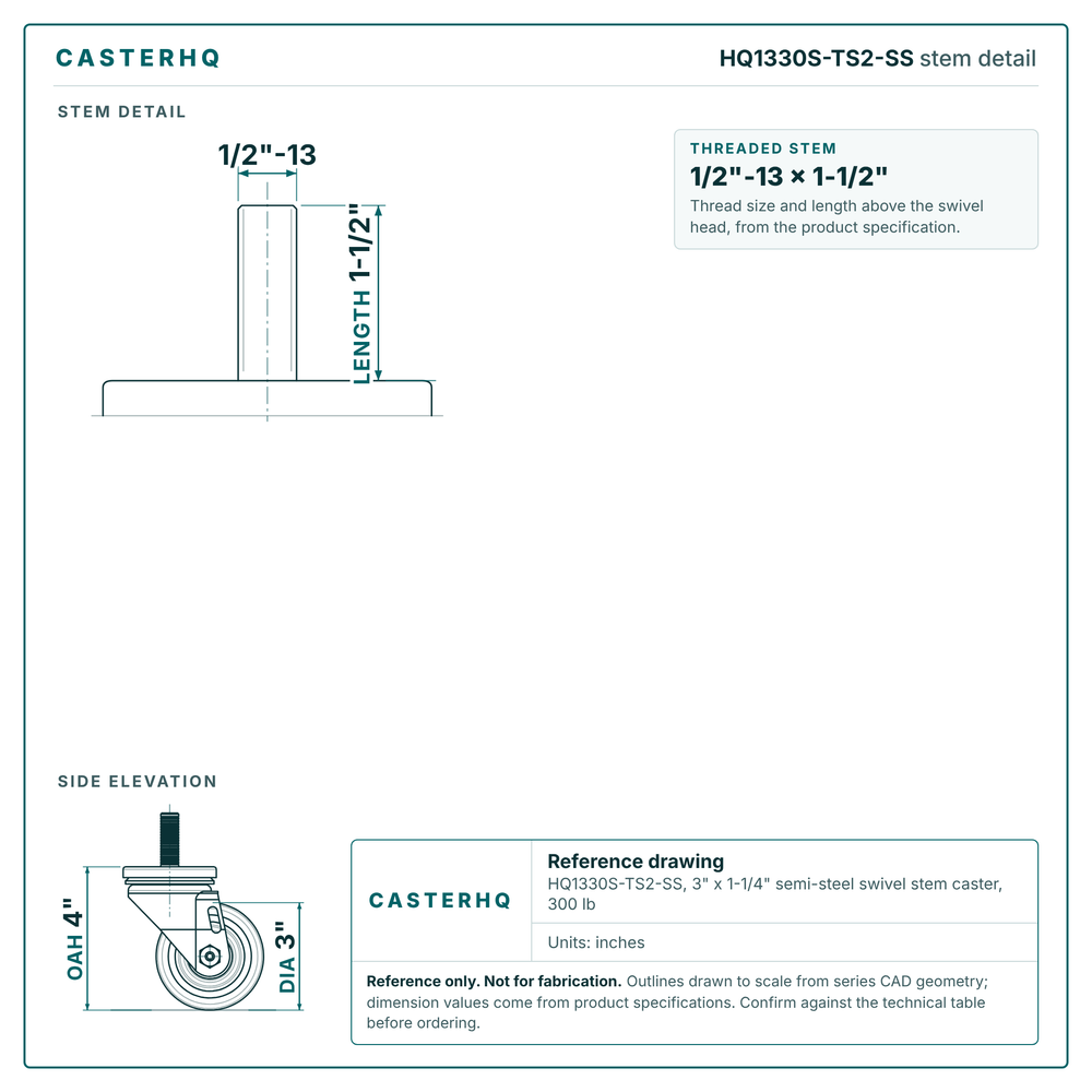 HQ1330S-TS2-SS stem detail drawing, threaded stem 1/2"-13 x 1-1/2"