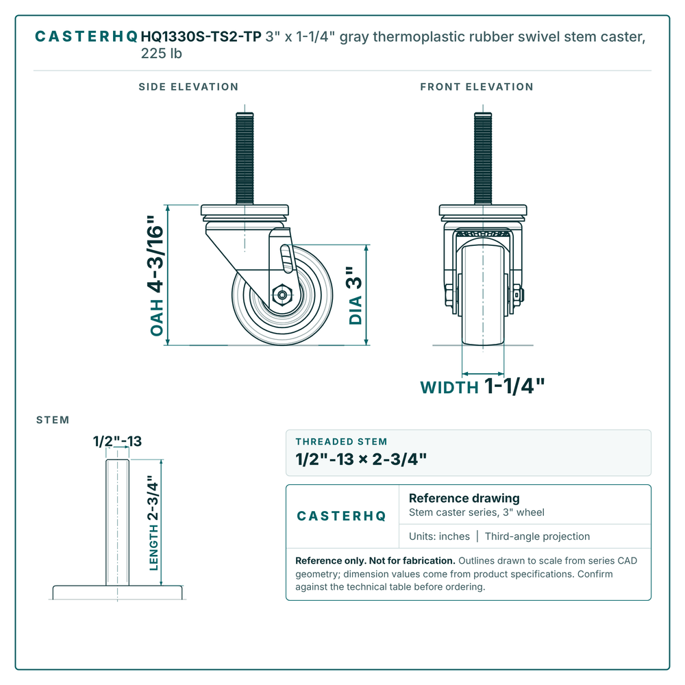 HQ1330S-TS2-TP 3" x 1-1/4" gray thermoplastic rubber swivel stem caster, 225 lb reference drawing, 1/2"-13 x 2-3/4" threaded stem, side, front and stem views with dimensions