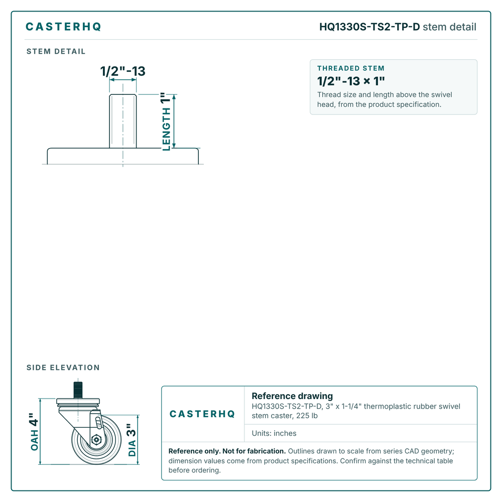 HQ1330S-TS2-TP-D stem detail drawing, threaded stem 1/2"-13 x 1"