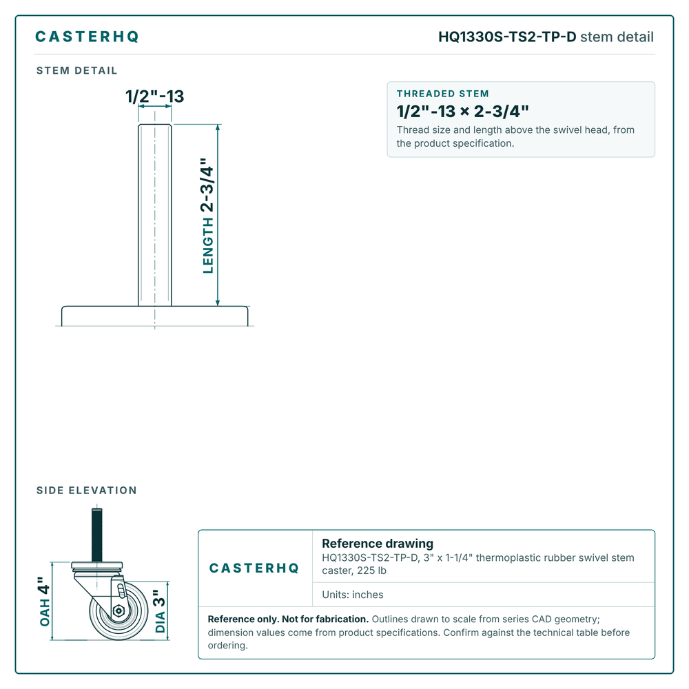 HQ1330S-TS2-TP-D stem detail drawing, threaded stem 1/2"-13 x 2-3/4"