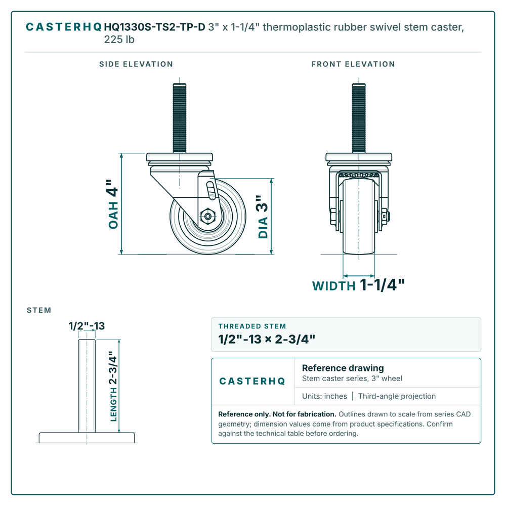 HQ1330S-TS2-TP-D 3" x 1-1/4" thermoplastic rubber swivel stem caster, 225 lb reference drawing, 1/2"-13 x 2-3/4" threaded stem, side, front and stem views with dimensions