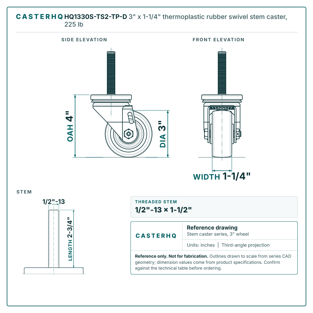 3" x 1-1/4" thermoplastic rubber swivel stem caster reference drawing, side, front and top plate views with dimensions