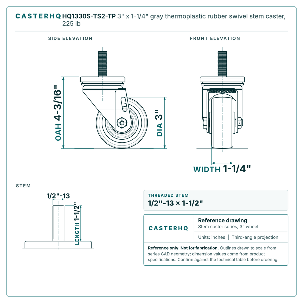 HQ1330S-TS2-TP 3" x 1-1/4" gray thermoplastic rubber swivel stem caster, 225 lb reference drawing, side, front and stem views with dimensions