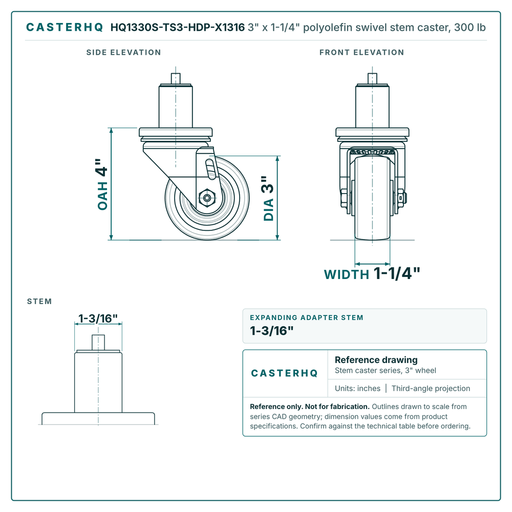 HQ1330S-TS3-HDP-X1316 3" x 1-1/4" polyolefin swivel stem caster, 300 lb reference drawing, side, front and stem views with dimensions