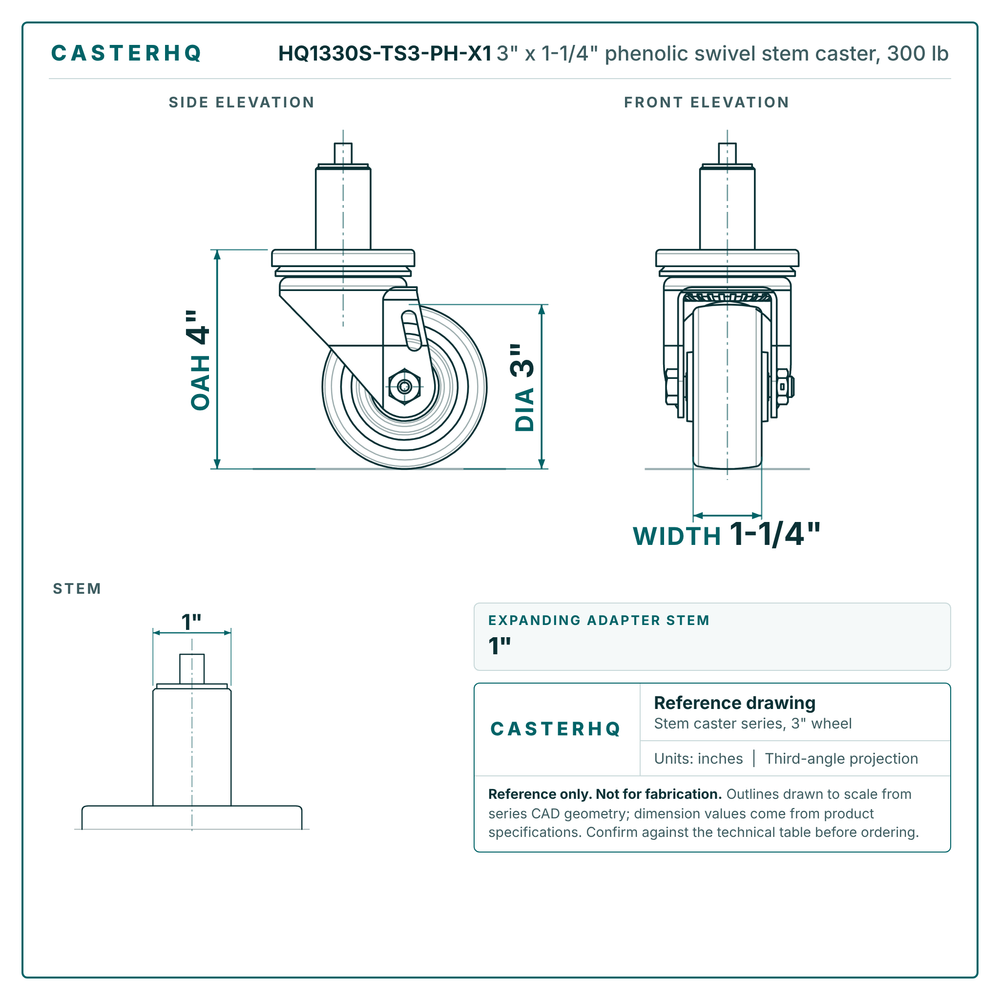 HQ1330S-TS3-PH-X1 3" x 1-1/4" phenolic swivel stem caster, 300 lb reference drawing, side, front and stem views with dimensions