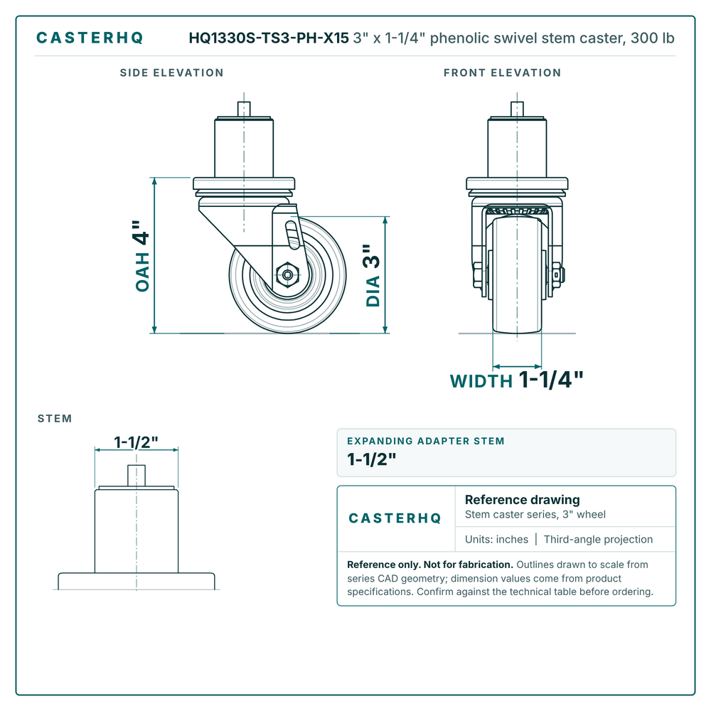 HQ1330S-TS3-PH-X15 3" x 1-1/4" phenolic swivel stem caster, 300 lb reference drawing, side, front and stem views with dimensions