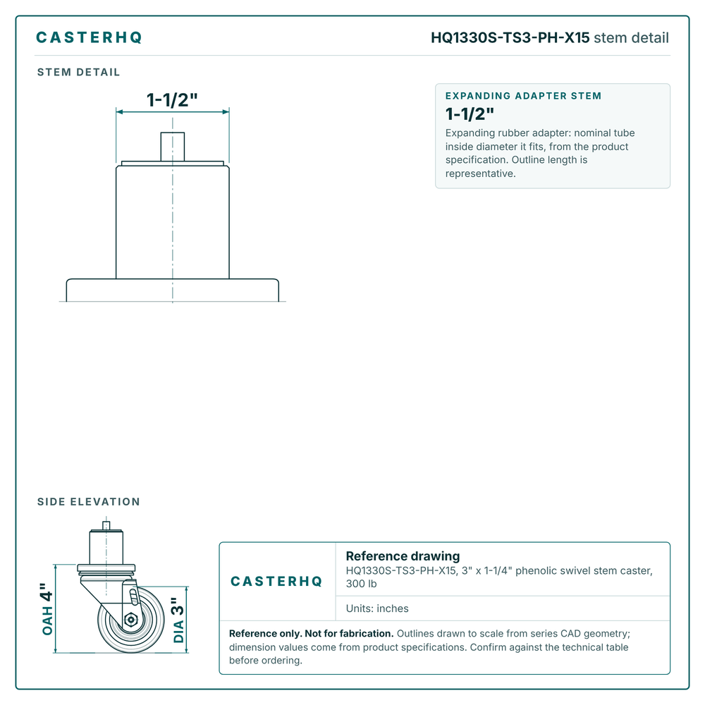 HQ1330S-TS3-PH-X15 stem detail drawing, expanding adapter stem 1-1/2"