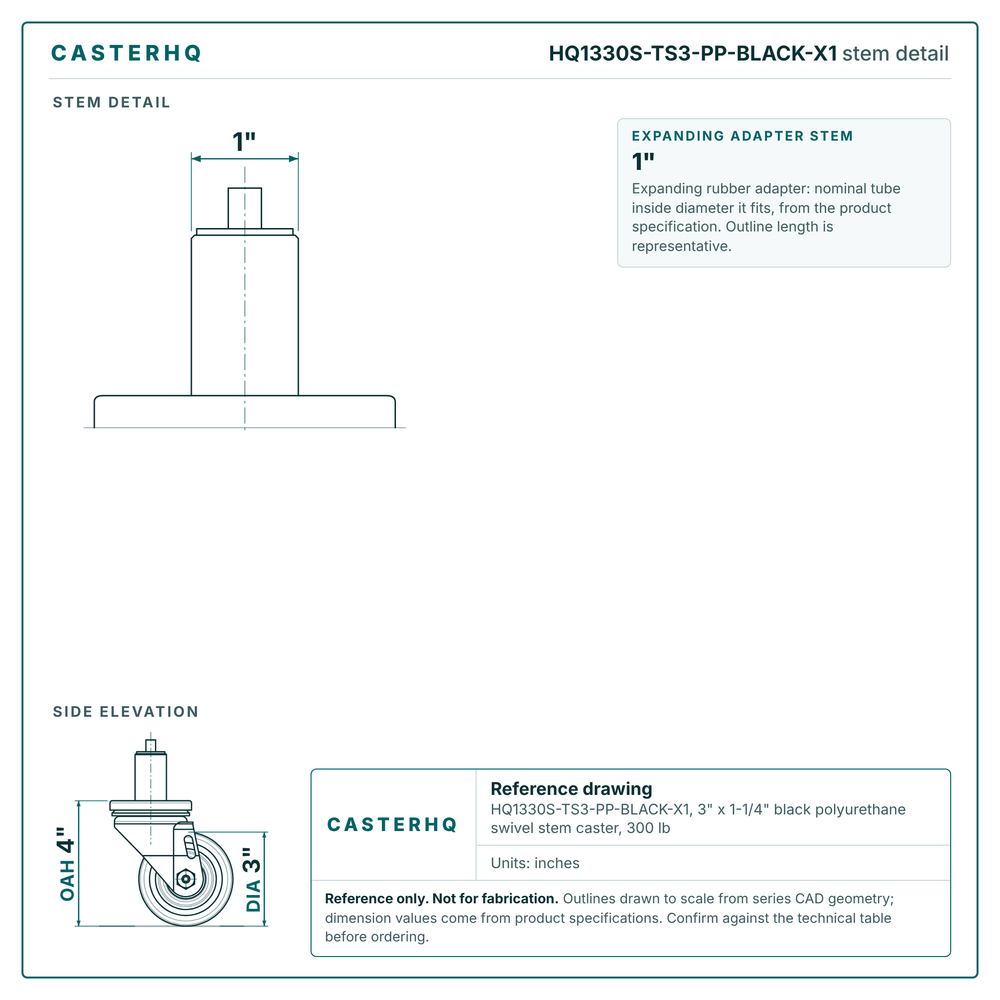 HQ1330S-TS3-PP-BLACK-X1 stem detail drawing, expanding adapter stem 1"